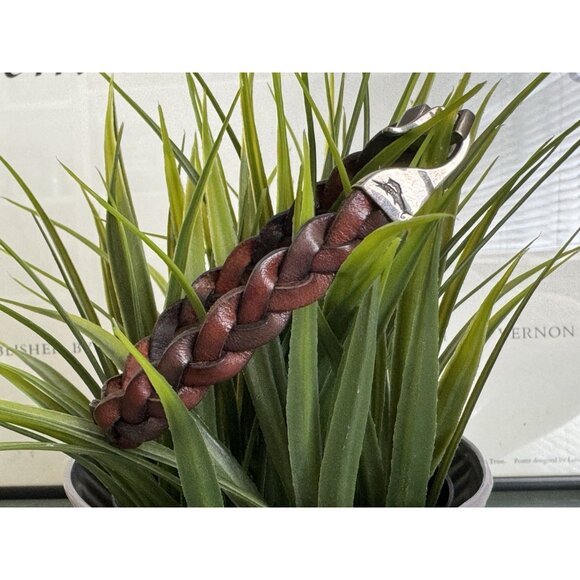 VTG Woven Leather Sterling Silver Bracelet Brown .5" wide Swordfish 8.75" - Picture 8 of 8